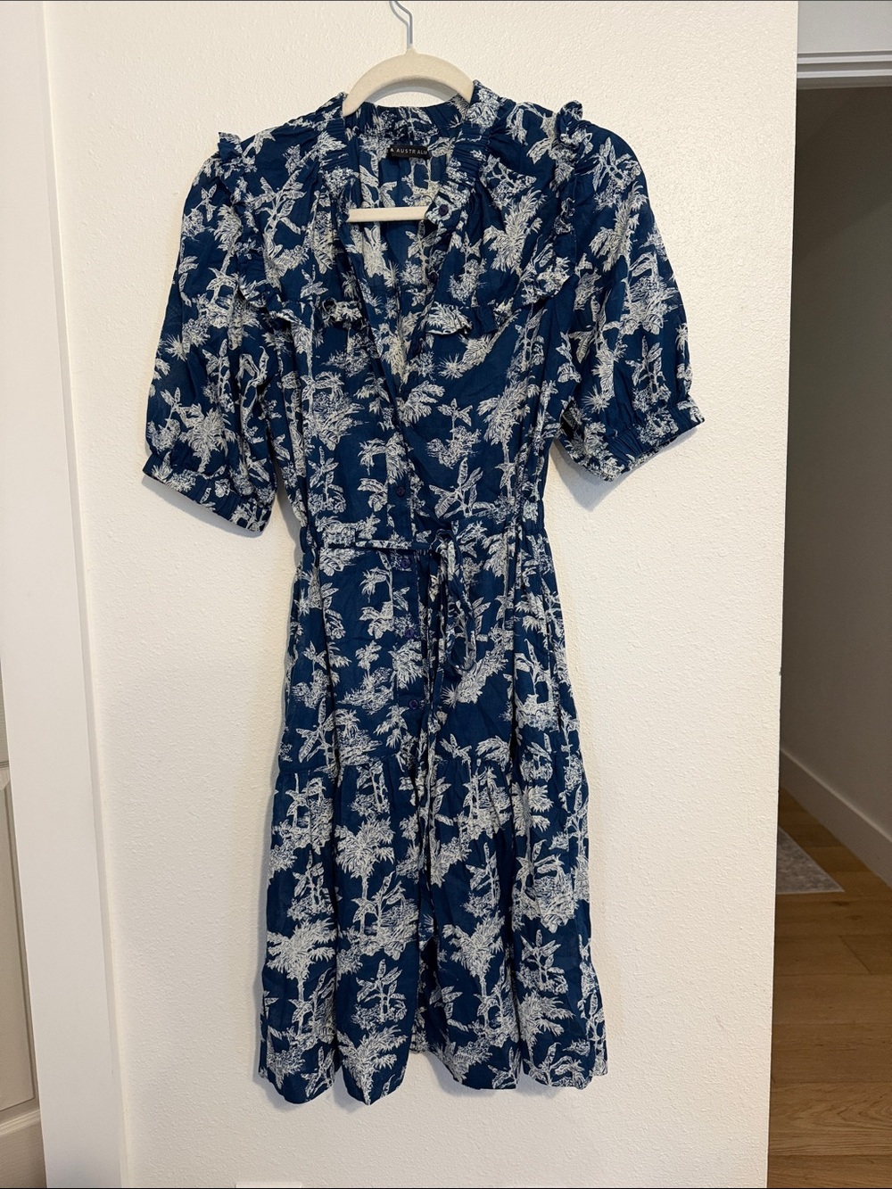 Navy Floral V-Neck Midi Dress with Tie Waist